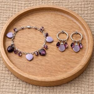 Vintage Purple Heart Set Charm Bracelet & Hoop Earrings Avon